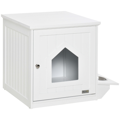 PawHut Maison de toilette pour chat design niche cabane pour chat meuble cache litière chat 1 porte avec 2 gamelles - 64 x 51 x 51,8 cm MDF blanc