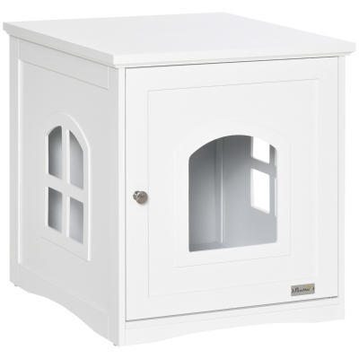 PawHut Maison de toilette pour chat niche cabane pour chat meuble cache litière chat design avec porte 2 fenêtres d'aération dim. 48,7L x 53,3l x 53H cm en MDF blanc