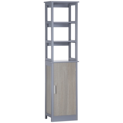 kleankin Armario Alto de Baño con 1 Puerta y 3 Estantes Abiertos Mueble Auxiliar Columna de Baño 40x30x160 cm Gris