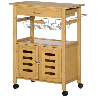 HOMCOM Carrito de Cocina con Ruedas de Bambú Carro de Servicio con 1 Cajón Cesta Extraíble y Armario 66x36x79 cm Natural