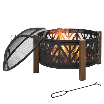 Outsunny 2-in-1 Feuerschale Feuerkorb Feuerstelle mit Funkenschutz Grillrost Garten BBQ Schwarz+Braun Ф78 x 60H cm