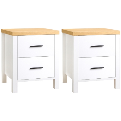 HOMCOM Comodino Moderno con 2 Cassetti, Set da 2 Pezzi in Truciolato, 40x39x48 cm, Bianco e Color Legno