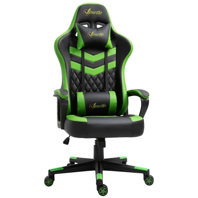 Vinsetto Silla Gaming Silla para gamers Silla de Escritorio de Oficina Ergonómica Altura Regulable Basculante con Reposacabezas Cojín Lumbar 61x70x121-129 cm Verde