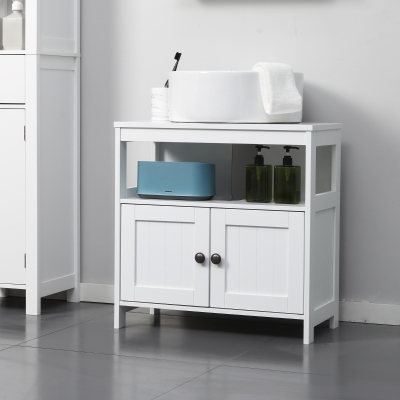 kleankin Pedestal Under Sink Cabinet with Double Doors, Modern Bathroom Vanity Storage Unit with Shelves, White