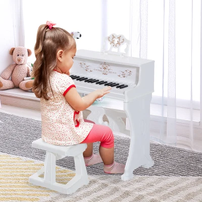 HOMCOM 37 Keys Kids Piano Mini Electronic Keyboard Light Kids Musical Instrument Educational Game Children Grand Piano Toy Set w/Stool & Microphone & Music Stand (White)