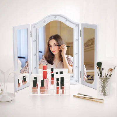 HOMCOM Trifold Freestanding Mirror, Lighted Tabletop Vanity Mirror Large Cosmetic w/16 LED Lights powered by batteries Foldable For Bedroom- White