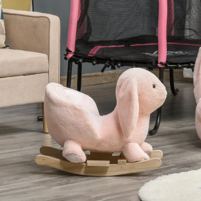 HOMCOM Kids Children Rocking Horse Plush Ride On Rabbit Seat w/ Sound Wood Base Seat Safety Belt Toddler Baby Toy Rocker Pink 18 - 36 Months