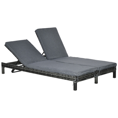 Outsunny Conjunto de Espreguiçadeiras Exterior de Vime 2 Lugares com Almofadas Acolchoadas Resistente à Água com Encosto Ajustável em 5 Níveis Suporta 220kg 196x120x28cm Cinza