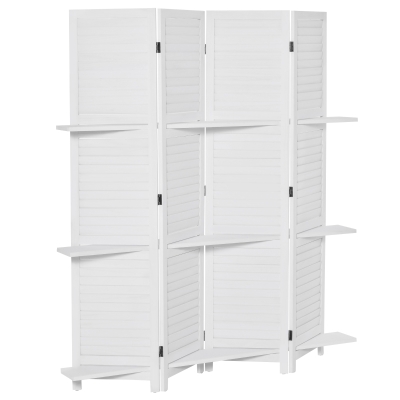 HOMCOM Paravent intérieur 4 Panneaux 3 étagères Pliables séparateur de pièce Portes persiennes Bois de Paulownia Blanc