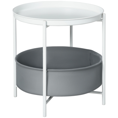 HOMCOM Mesa Auxiliar Moderna con Bandeja y Cesta Extraíble Mesa de Salón Redonda con Marco de Acero para Dormitorio Oficina 46x46x48 cm Blanco