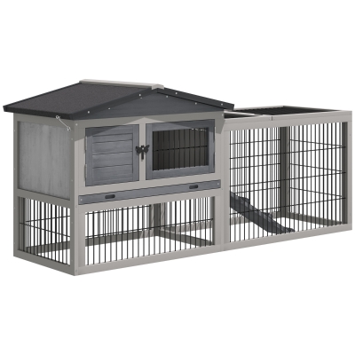 PawHut Conejera de Exterior Hecha de Madera Jaula para Conejos con Múltiples Entradas Bandeja Extraíble y Lavable Gran Espacio Interior 150x52,5x68cm Gris