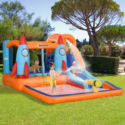 Outsunny Opblaasbaar Springkasteel met Blower voor 4 Kinderen Raketpatroon