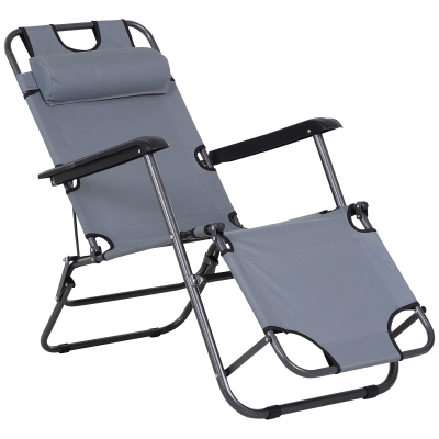 Outsunny Sonnenliege mit Kissen, Klappbare Strandliege, 2-Stufige Gartenliege , 2-in-1 Relaxliege, Metall + Oxfordstoff, Grau 118 x 60 x 80 cm