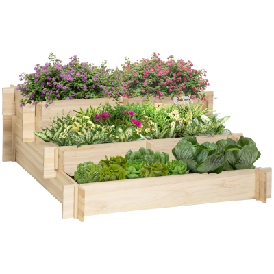Outsunny Hochbeet 3-stufige Gartenbeet Pflanzenbeet Kräuterbeet Blumentreppe für Balkon Garten Natur Holz 93 x 93 x 35 cm