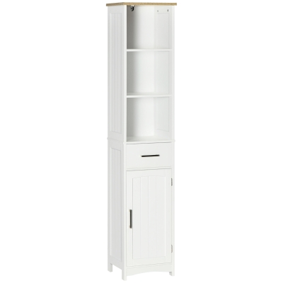 kleankin Coluna para Casa de Banho com 1 Gaveta 1 Porta 3 Prateleiras Abertas e Prateleira Interior Ajustável Móvel Auxiliar 34x30x163cm Branco