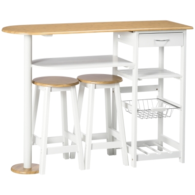 HOMCOM Conjunto de Mesa com 1 Gaveta 2 Prateleiras Cesta Removível e Suporte para Garrafas 119x38,5x88,5cm e 2 Bancos 29x29x55cm Branco
