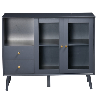 HOMCOM Armadietto Due Ante in Vetro con 2 Cassetti, Spazio Aperto e Piano d'Appoggio, 95.5x40x78 cm, Grigio