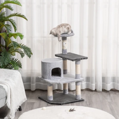PawHut Árvore para gatos Arranhador Grande com Plataformas para Brincar coberta de Pelucía Cinza 48x48x100 cm
