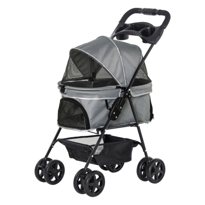 PawHut Cochecito para Mascotas Plegable Carrito para Perros Desmontable Acero Tela Oxford Ruedas Giratorias Frenos Ventana para Perros Gatos Pequeñitos 67x45x96 cm Gris