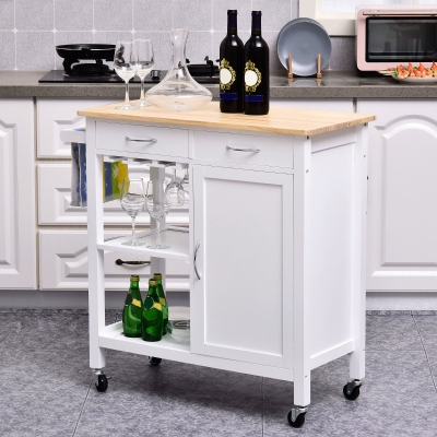 HOMCOM Carrinho de Cozinha Multiusos Carrinho Auxiliar com Rodas Prateleiras Armário e Gavetas para Cozinha 88,5x40x86cm Branco e Madeira Natural