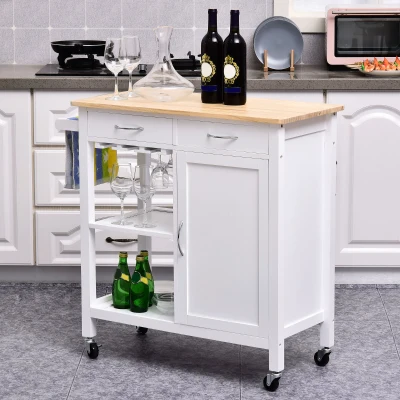 HOMCOM Carrinho de Cozinha Multiusos Carrinho Auxiliar com Rodas Prateleiras Armário e Gavetas para Cozinha 88,5x40x86cm Branco e Madeira Natural