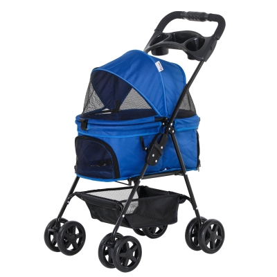 PawHut Cochecito para Mascotas Plegable Carrito para Perros Desmontable Acero Tela Oxford Ruedas Giratorias Frenos Ventana para Perros Gatos Pequeñitos 67x45x96 cm Azul