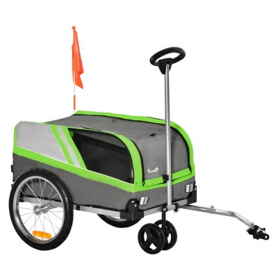 PawHut Remolque de Bicicleta para Perros 2 en 1 Carrito para Mascotas con Enganche Cubierta Enrollable Cinturón de Seguridad Bandera y Reflectores 130x64x92 cm Gris y Verde