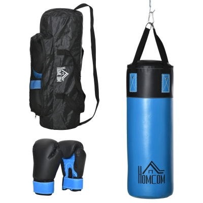 HOMCOM Boxsack-Set Box-Set mit Boxhandschuhen Gefüllt Set für Erwachsene Jugendlichen 100 KG Ø25 x 120 cm Blau