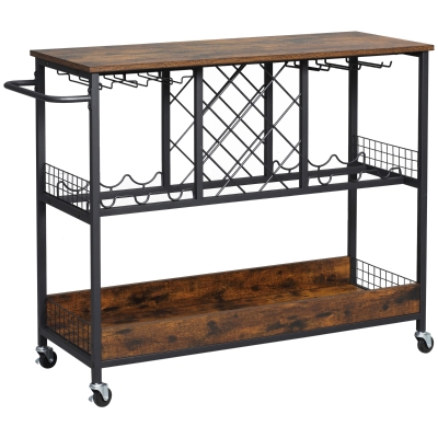 HOMCOM Carrinho de Cozinha com Rodas 2 Prateleiras Suporte para 12 Taças e 6 Garrafas Estilo Industrial 110x40x86cm Marrom Rústico