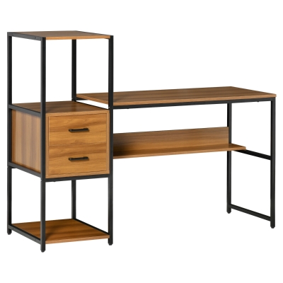 HOMCOM Industriell Schreibtisch mit 2 Schubladen Computertisch offenes Regal Arbeitstisch Nussbraun 140 x 50 x 110 cm