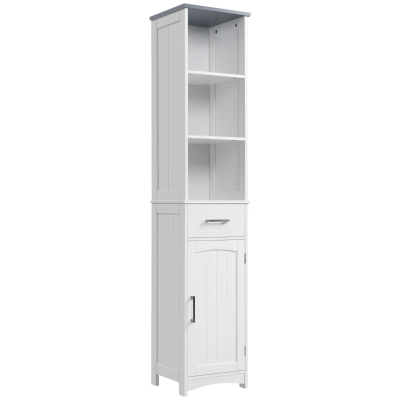 kleankin Badezimmerschrank Freistehender Hochschrank Badezimmer Schrank mit 3 offenen Fächern Schublade Weiß 34 x 30 x 163 cm