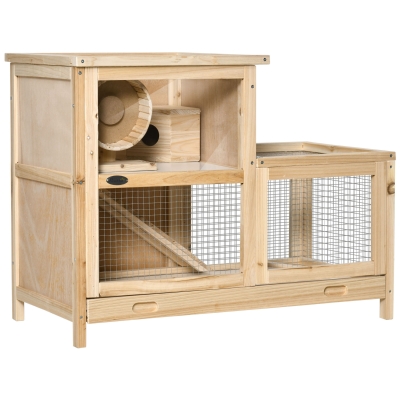PawHut Kleintierkäfig Kleintierstall Nagerkäfig mit Rampe Meerschweinchenstall Holzkäfig Mäusekäfig Kleintier Tannenholz Natur 78 x 41,5 x 60 cm