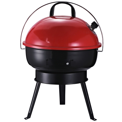 Outsunny Kugelgrill Holzkohlegril Windschutz Dreibeinfuß Camping Picknick tragbar Metall Schwarz+Rot Ø36,5 x 54 cm