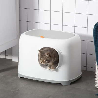 PawHut kattenbak met kap kattenbak met rooster bodemdeksel kunststof wit