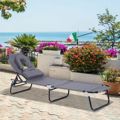 Outsunny leżak do opalania leżak ogrodowy leżak relaksacyjny poduszka z okienkiem do czytania składany szary