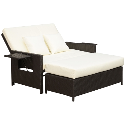 Outsunny, sofa z funkcją leżanki z technorattanu, sofa ogrodowa, 2-osobowy z poduszkami, brązowy