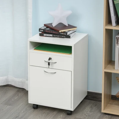 HOMCOM Bloco de Gavetas de Escritório com 4 Rodas Fechadura Prateleira Aberta e Armário 40x35x60 cm Branco