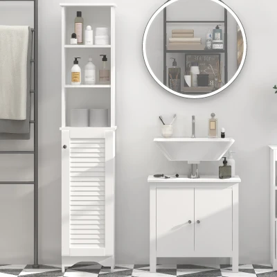 HOMCOM Coluna Casa de Banho com 1 Porta 3 Prateleiras Abertas e Prateleira Interior Ajustável 34x20x165cm Branco