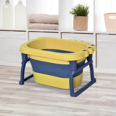 HOMCOM Banheira Dobrável para Bebé de 0-6 Anos Capacidade 105L Banheira Portátil para Crianças 75,3x55,4x43cm Amarelo e Azul
