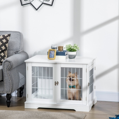 Pawhut Gaiola para Cães Pequenos de Madeira 76x54,5x56 cm Gaiola com Superfície de Mesa com 2 Portas e Grade de Aço Branco