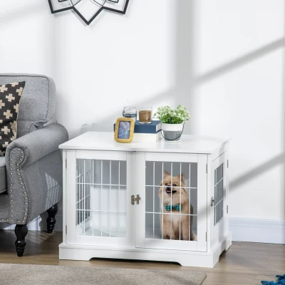 Pawhut Gaiola para Cães Pequenos de Madeira 76x54,5x56 cm Gaiola com Superfície de Mesa com 2 Portas e Grade de Aço Branco