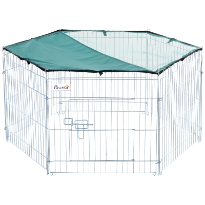 PawHut Parc enclos modulable acier 6 panneaux et 1 porte pour chiens lapins rongeurs petits animaux intérieur et extérieur Ø 120 x 60 cm gris métal vert