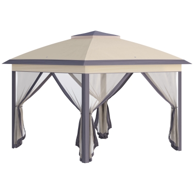 Outsunny Carpa Plegable Exterior 3,3x3,3x2,88 m Altura Ajustable Cenador de Jardín con Doble Techo 4 Mosquiteras Extraíbles y Bolsa de Transporte para Camping Fiestas Beige
