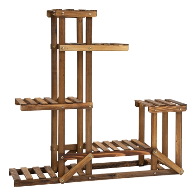 Outsunny Blumenständer Pflanzenregal 6 Ebenen Vierstufiges Blumenregal Blumentreppe Blumenleiter Massivholz Verkohlt 98 x 28 x 96,5 cm