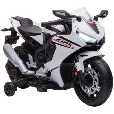 HOMCOM Moto Eléctrica con Licencia HONDA para 3-5 Años con Faros Bocina Música y Ruedas Auxiliares 90x44x52 cm Blanco
