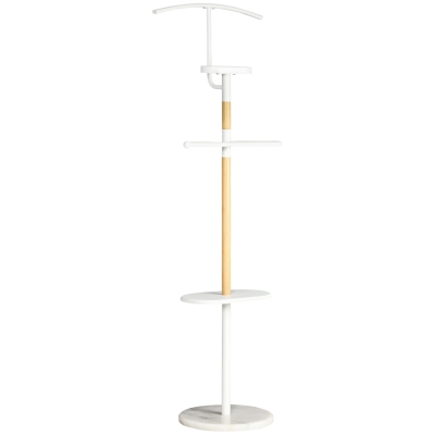 HOMCOM Galán de Noche Colgador de Ropa con 2 Barras para Colgar 2 Estantes y Base de Mármol 46x35x152 cm Blanco