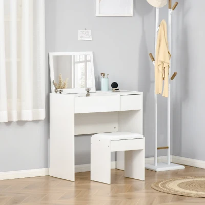 HOMCOM Makeup Desk with Drawer, Vanity Table Set with Flip-up Mirror and Cushioned Stool, White