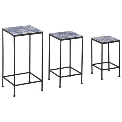 Outsunny Soportes para Plantas de Metal 3 Piezas Apilables Estantes Porta Macetas con Encimera de Azulejo Decorativa para Interiores y Exteriores 31,5x31,5x60,5 cm Azul y Negro