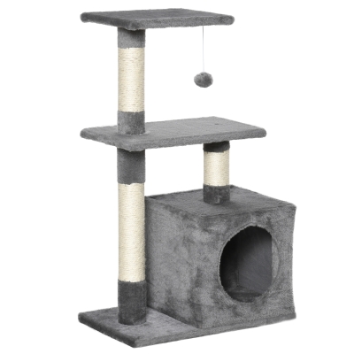 PawHut Árbol Rascador para Gatos Rascador de Gatos Centro de Múltiples Actividades de Mascotas con Postes Sisal Plataformas Caja Bola Colgante Estilo Elegante 50x30x80 cm Gris