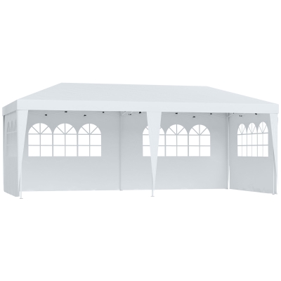 Outsunny Carpa Pabellón 6x3 metros Cenador con Ventanas y 3 Paredes laterales de Acero y Tela 210D Oxford Blanco
